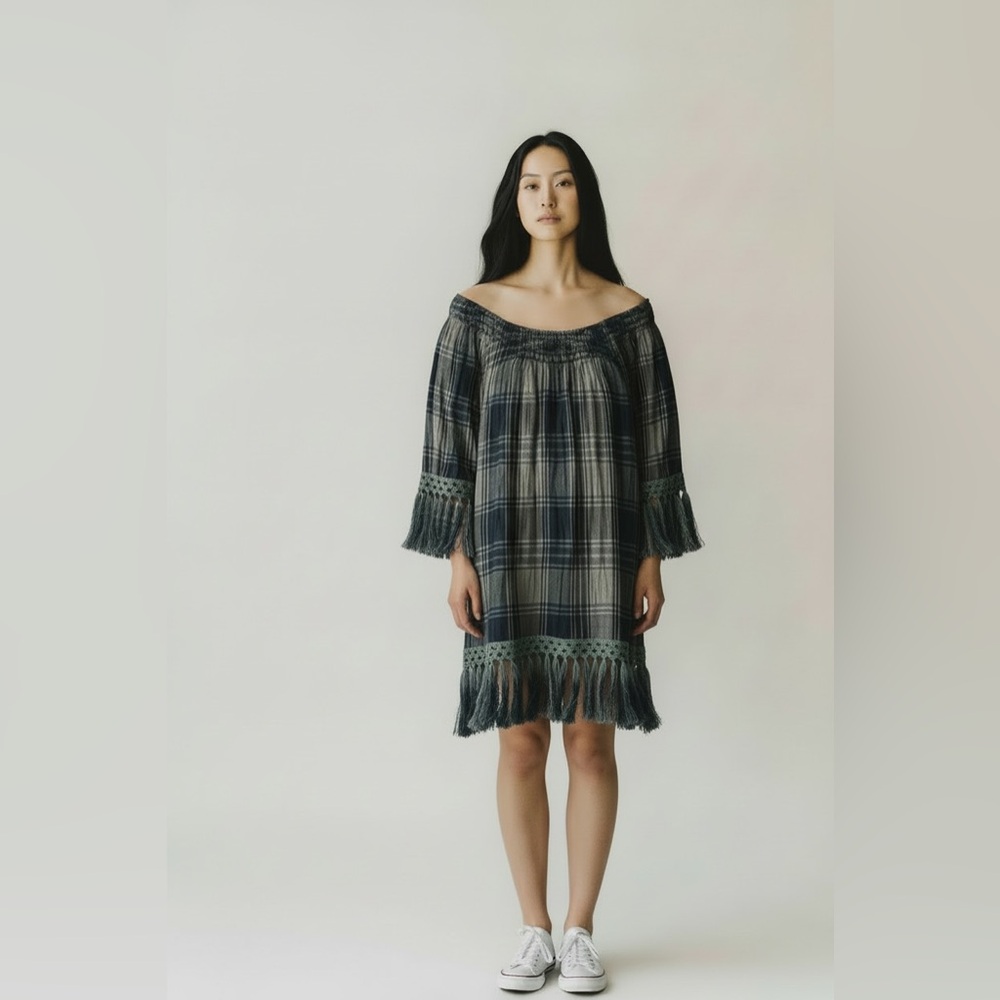 Uncle Frank Olive Green Plaid Tunic Fringe Boho Dress Medium Flannel Braided